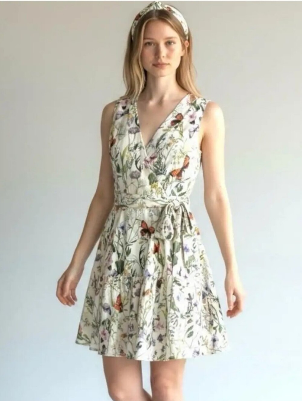 Christian Lacroix Linen Blend Ruffle Wrap Mini Dress Floral Butterfly Size M NWT
